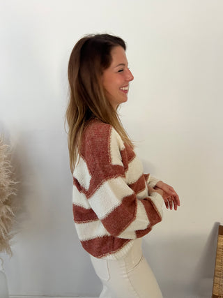 Golden details terracotta striped white sweater