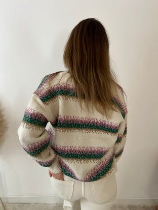 Pink green button knit