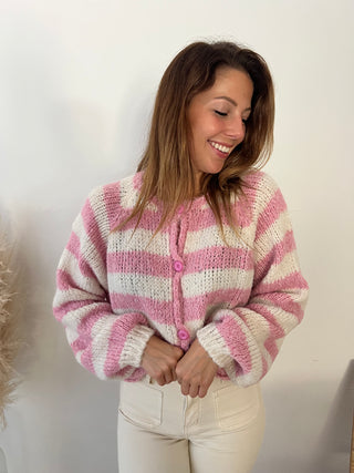 Pink striped white cardigan