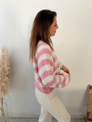 Pink striped white cardigan