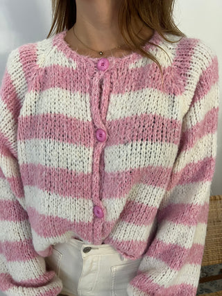 Pink striped white cardigan