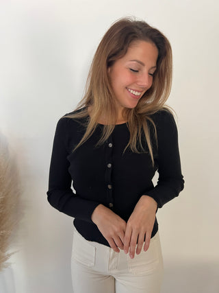Black ribbed button top