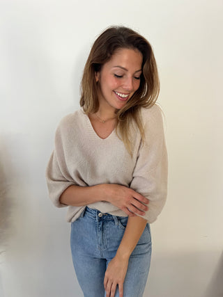 Beige collar short sleeves sweater