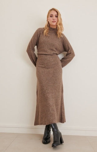 Bow detail brown knit dress