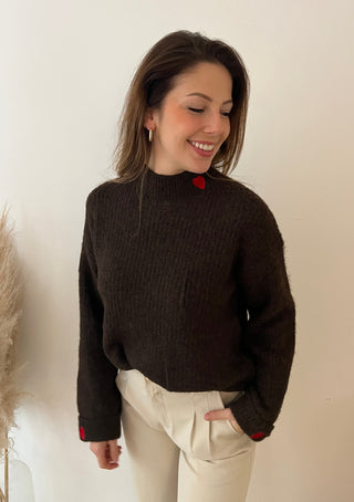 Red hearts brown knit