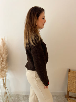 Red hearts brown knit