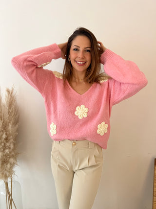 White flowers pink spring knit