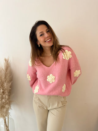 White flowers pink spring knit