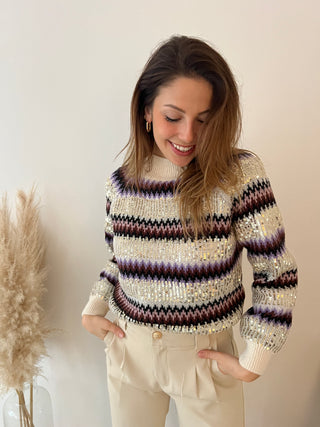 Beige purple glitter knit