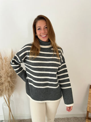 Soft grey white striped turtleneck knit