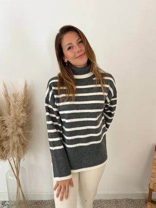 Soft grey white striped turtleneck knit