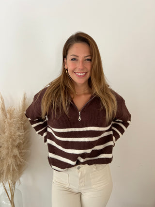 Brown white striped zipper knit