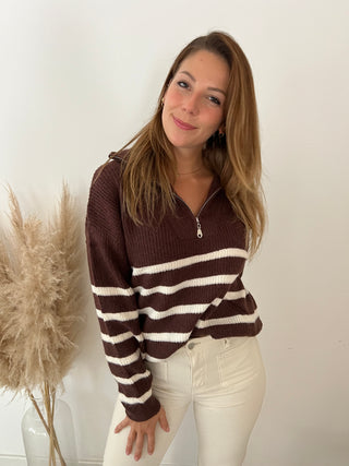 Brown white striped zipper knit