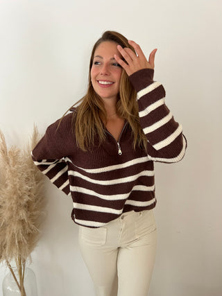 Brown white striped zipper knit