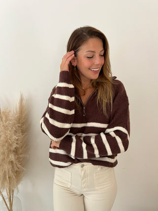 Brown white striped zipper knit