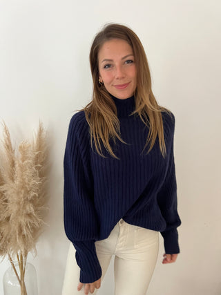 Blue ribbed turtleneck knit