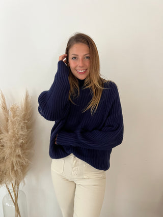 Blue ribbed turtleneck knit