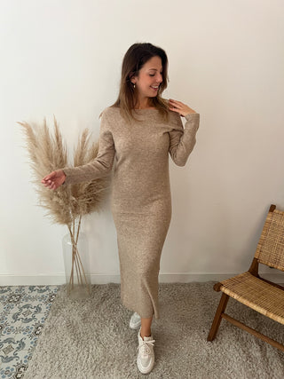 Taupe open back long sweater dress