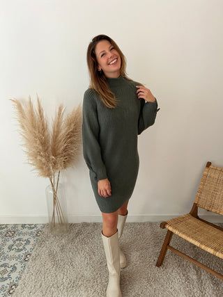 Kaki button detail ribbed sweater dress