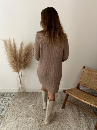 Taupe button detail ribbed sweater dress