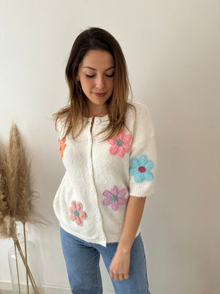Colorful flowers short sleeves white knit