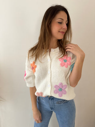 Colorful flowers short sleeves white knit