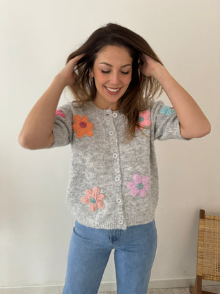 Colorful flowers short sleeves grey knit
