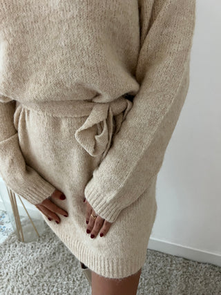 Beige lace details sweater dress