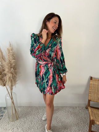Green pink short wrap dress