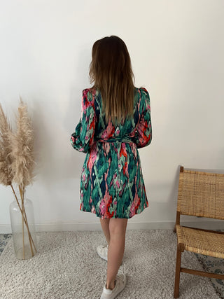 Green pink short wrap dress