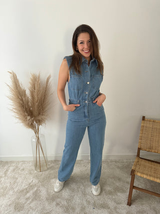 Sleeveless denim jumpsuit