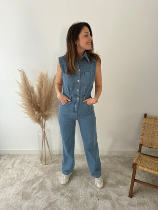 Sleeveless denim jumpsuit