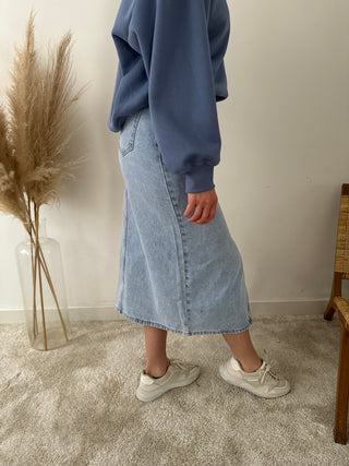 Blue denim midi skirt