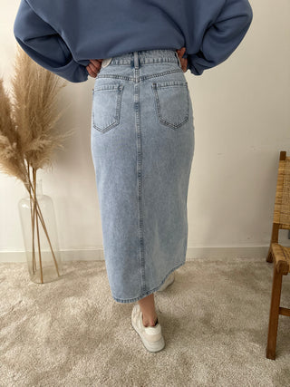 Blue denim midi skirt