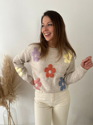 Colorful flowers beige knit