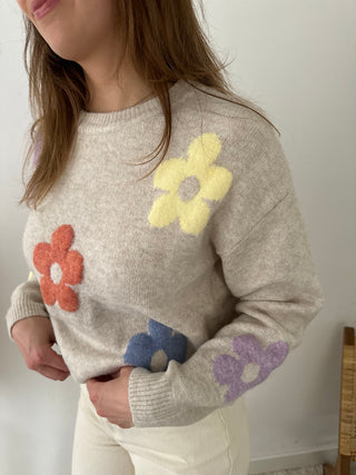 Colorful flowers beige knit