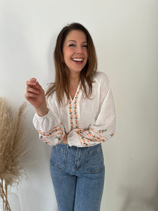 Embroidery orange flowers white blouse