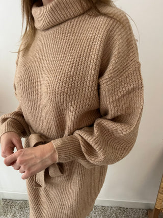 Camel turtleneck sweater dress