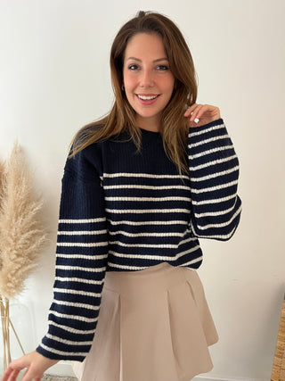 Pretty buttons navy striped knit