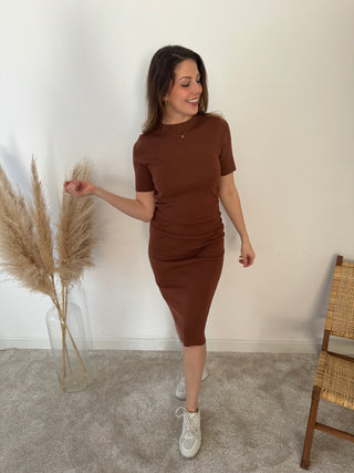 Rust ribbed midi dress