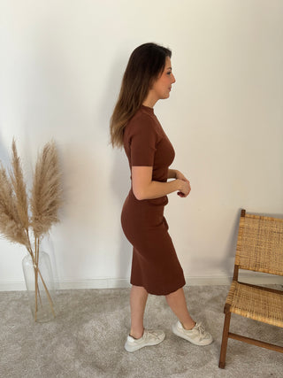 Rust ribbed midi dress