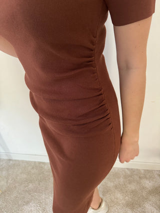 Rust ribbed midi dress