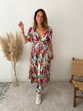 Fushia green deep v-neck dress