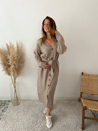 Taupe button belt sweater dress