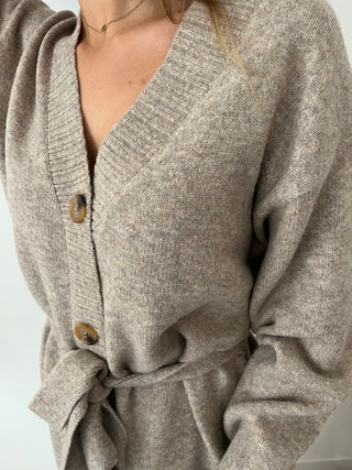 Taupe button belt sweater dress