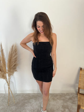 Strapless black denim dress