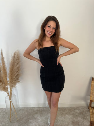 Strapless black denim dress