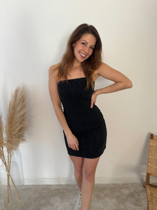 Strapless black denim dress