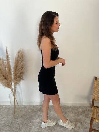 Strapless black denim dress