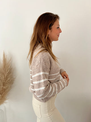 Gold rose buttons taupe striped cardigan